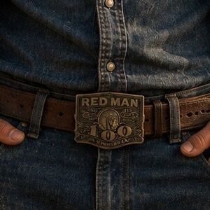 Red Man Chewing Tobacco 100th Anniversary Belt Buckle‎  Vintage Brass Tone